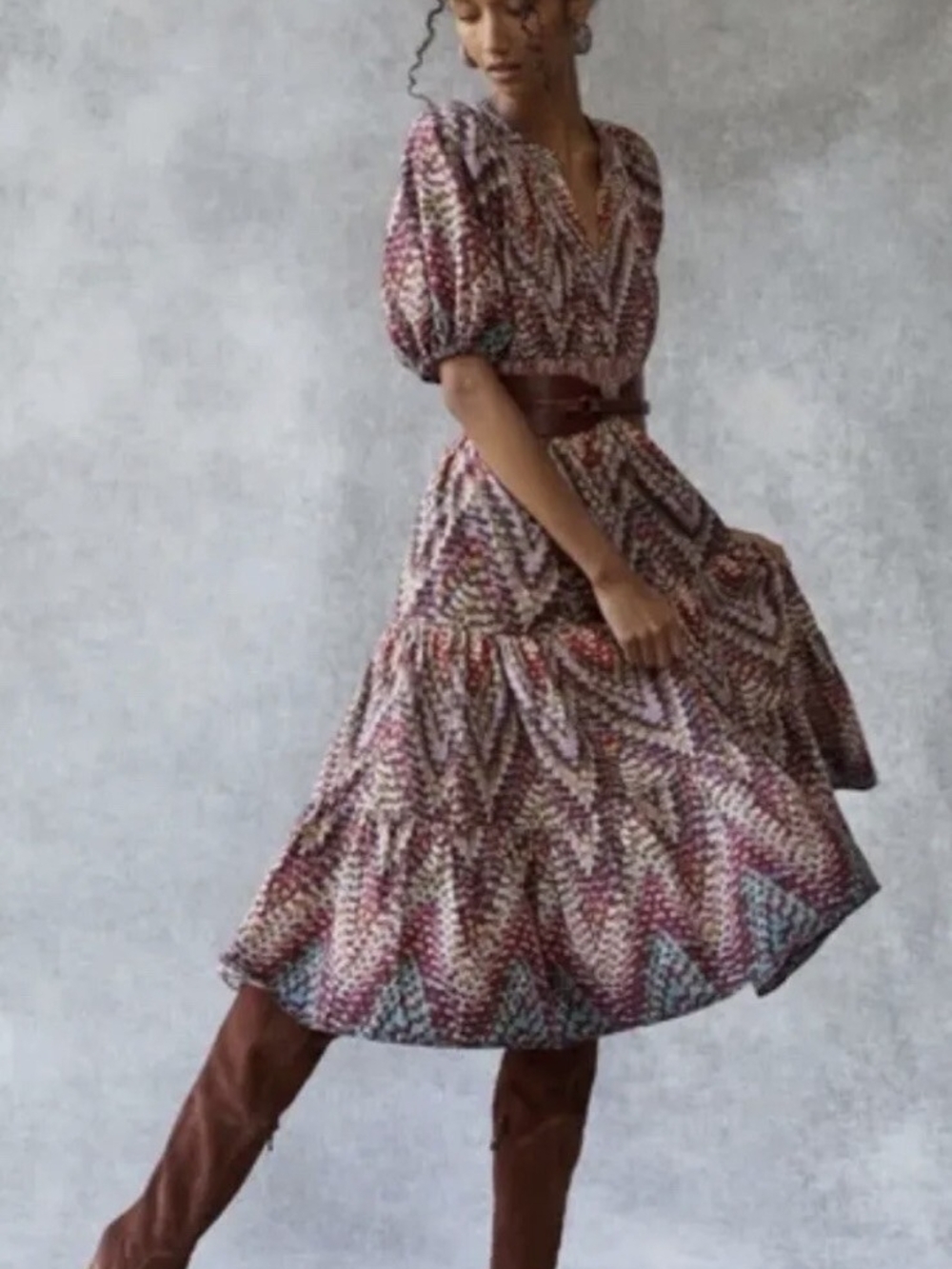Anthropologie Conditions Apply V‑ eck Puff Sleeve Midi Dress
